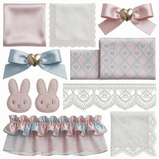 レース、布、リボン素材|ピンク・ブルー・ゴールドカラー|lace, fabric, ribbon|M0128