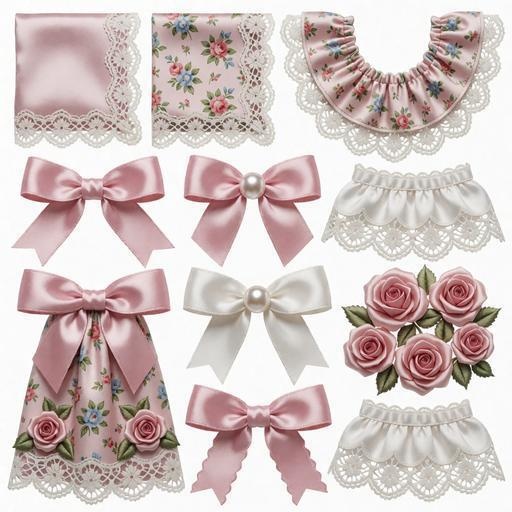 レース、布、ベルベット素材|ピンク・ブルー・白カラー|lace, fabric, velvet|M0134