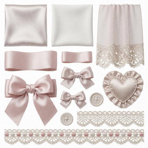 レース、リボン、ボタン素材｜シルバー・ピンク・白カラー｜lace, ribbon, buttons｜M0150