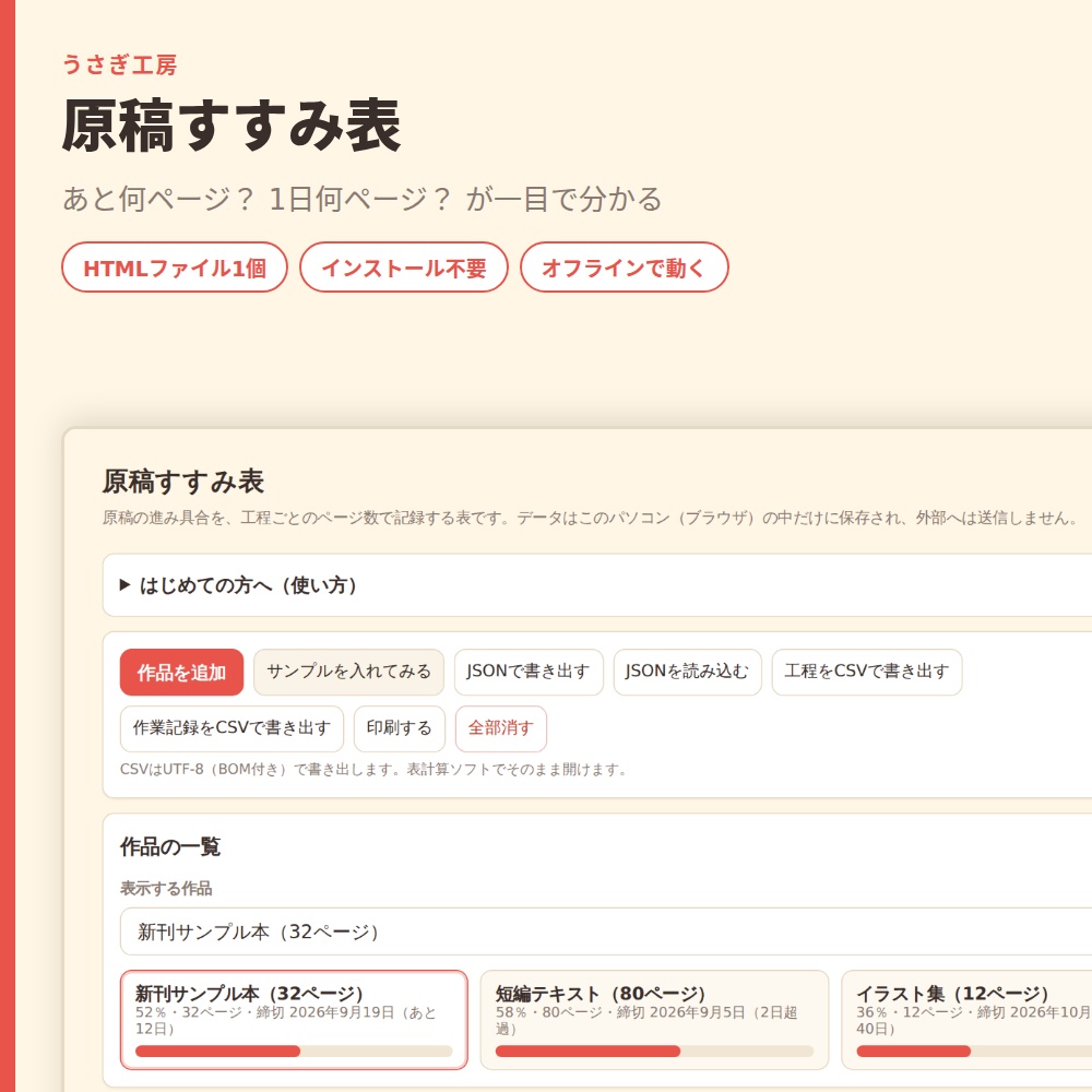 原稿すすみ表｜工程ごとの進み具合と締切までのペースが分かる【HTMLファイル1個・オフライン】