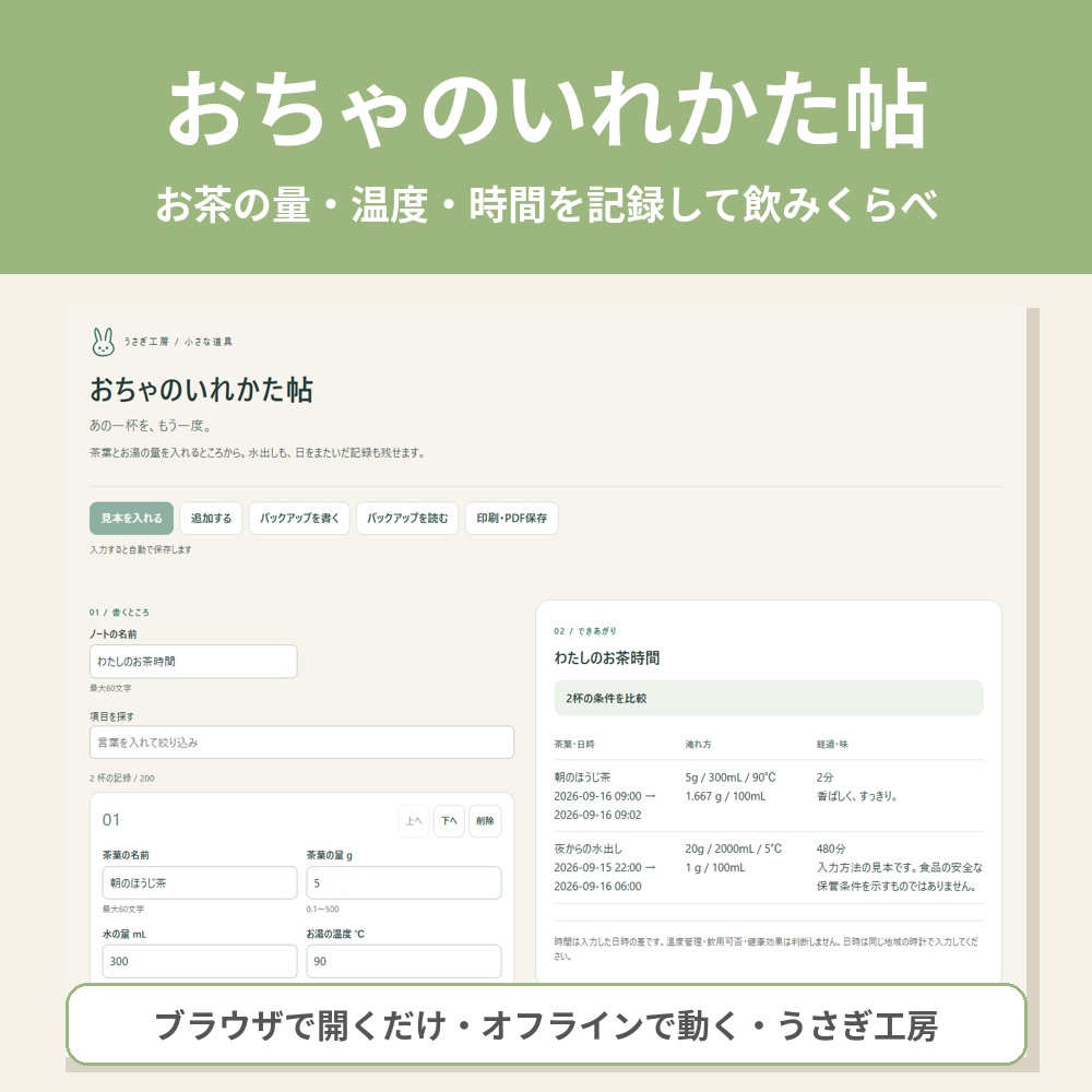 おちゃのいれかた帖 ― お茶の量・温度・時間を記録して飲みくらべ