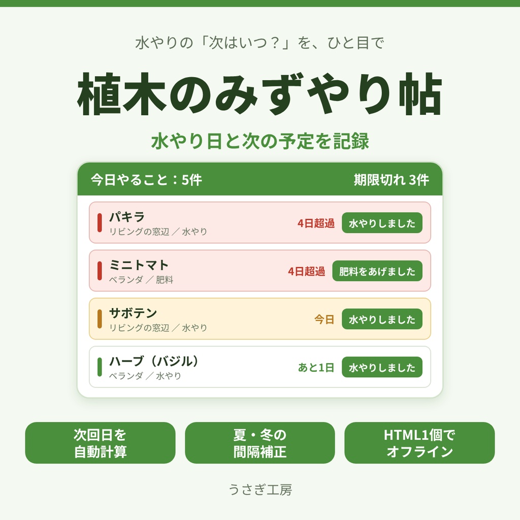 植木のみずやり帖 ― 水やり日と次の予定を記録