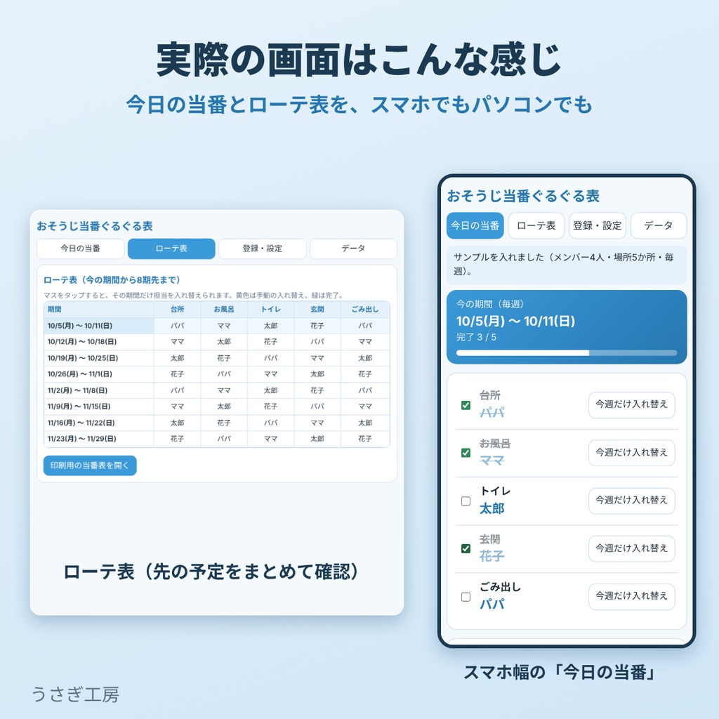 おそうじ当番ぐるぐる表 ― 家族の担当を自動でローテーション