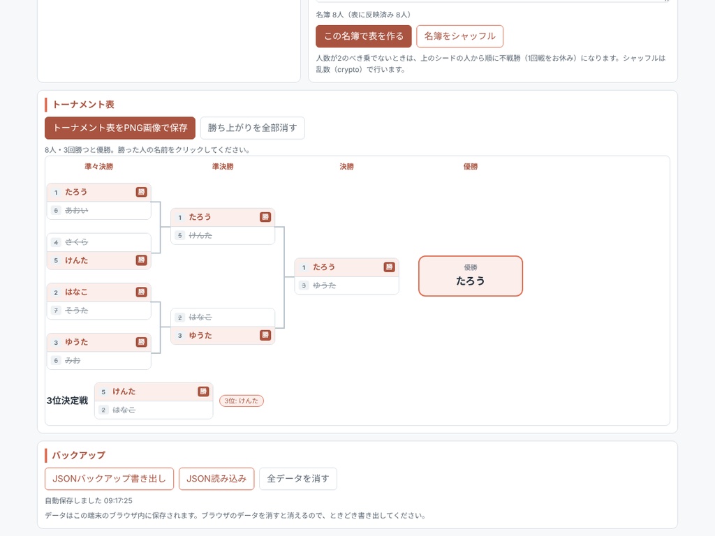 トーナメント表メーカー ― 参加型大会の組み合わせと勝ち上がりを画像に