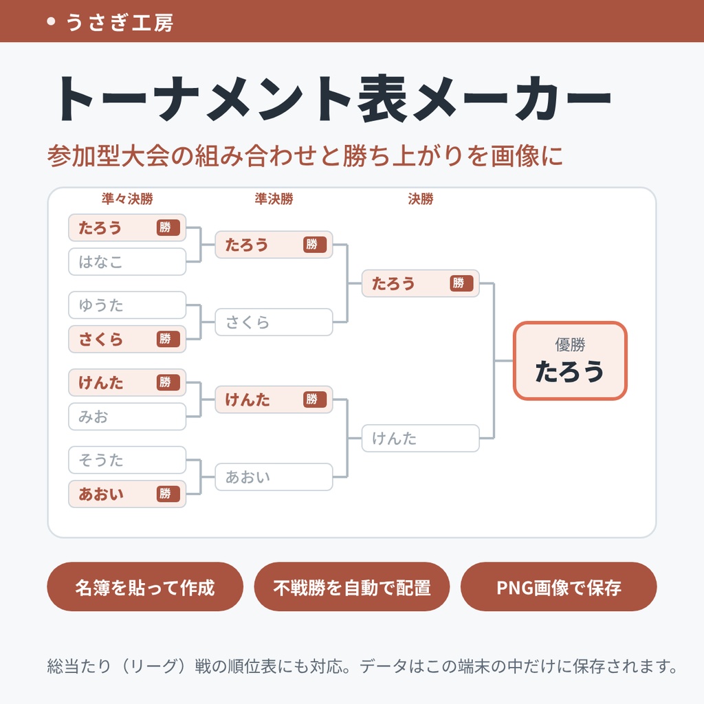 トーナメント表メーカー ― 参加型大会の組み合わせと勝ち上がりを画像に