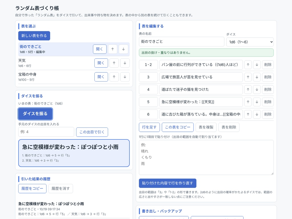 ランダム表づくり帳 ― 自作の表をダイスで引いて出来事を決める