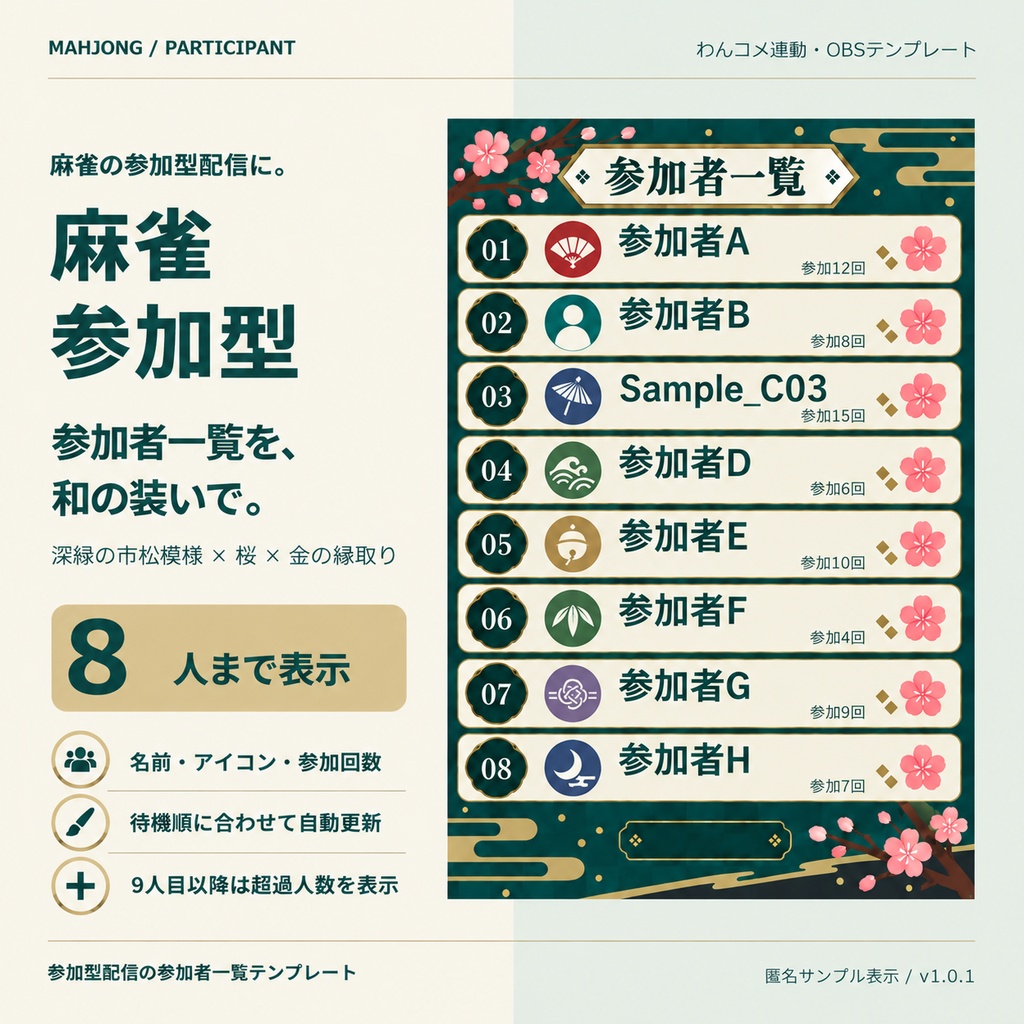 麻雀・雀魂参加型｜わんコメ連動 OBS参加者一覧テンプレート