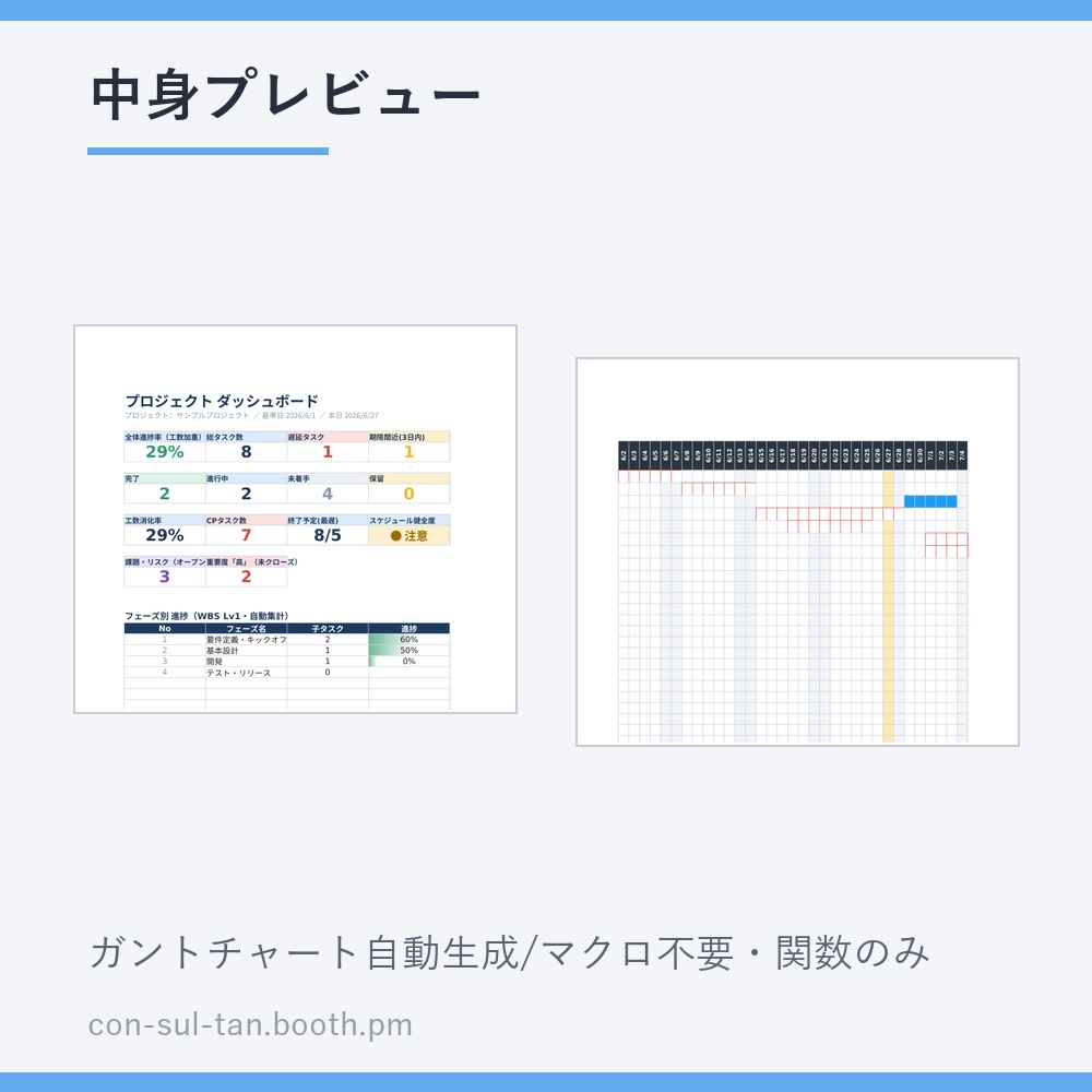 【コンサル実務で使用】プロジェクト進捗管理表Excel|ガントチャート自動生成