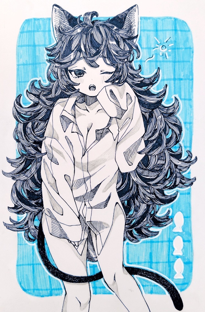 【彼シャツ シリーズ】手描きイラスト『ふぁ〜』