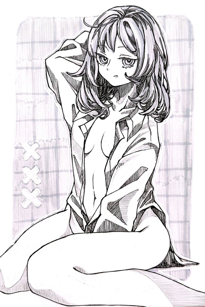 【彼シャツ シリーズ】手描きイラスト『むすっ』