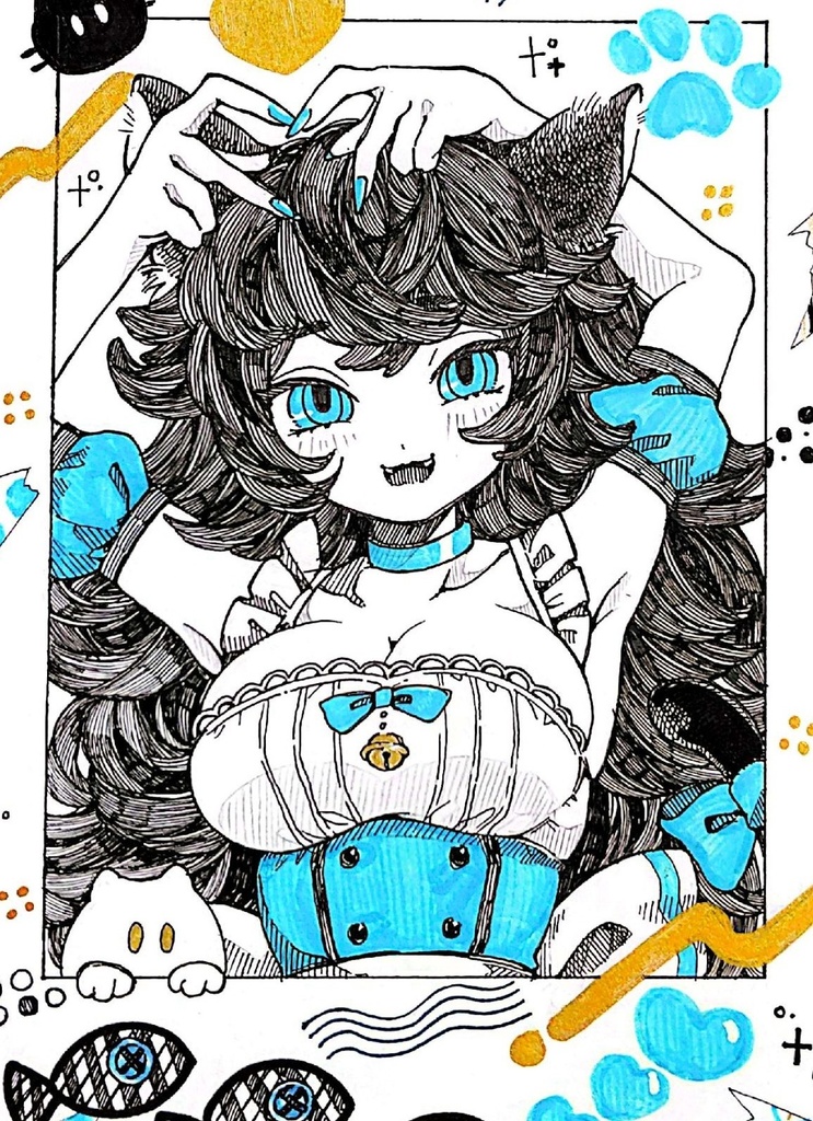 チェキ風手描きイラスト『メイドな猫耳ちゃん️🩵』