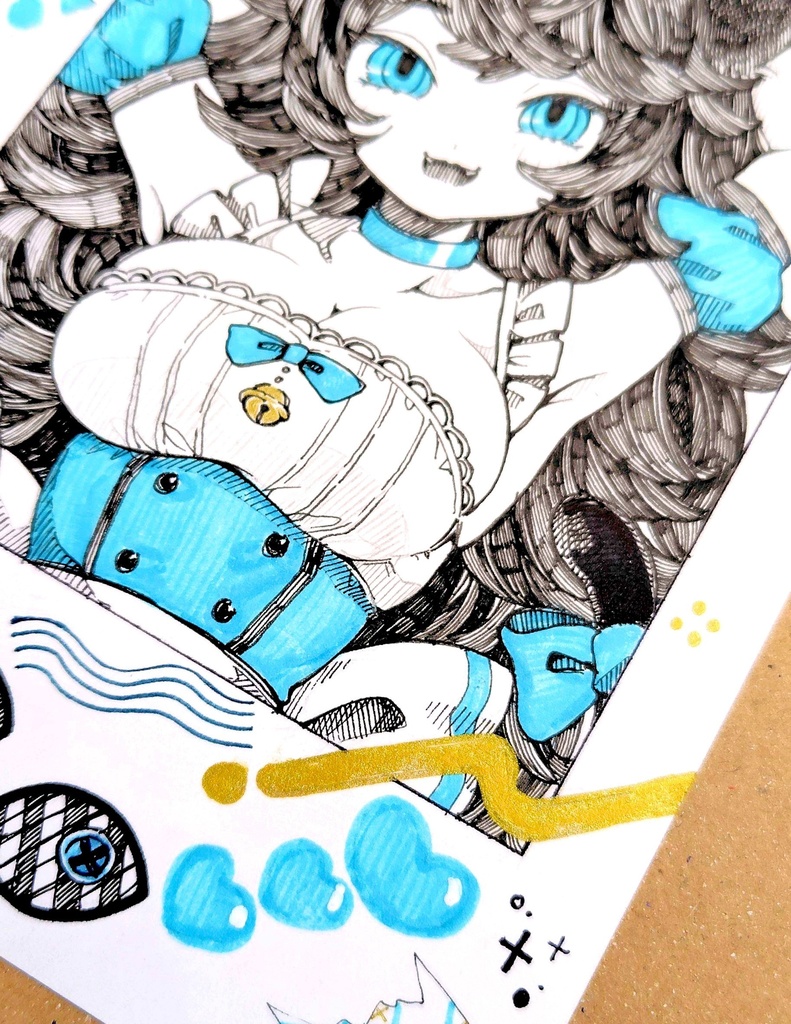 チェキ風手描きイラスト『メイドな猫耳ちゃん️🩵』