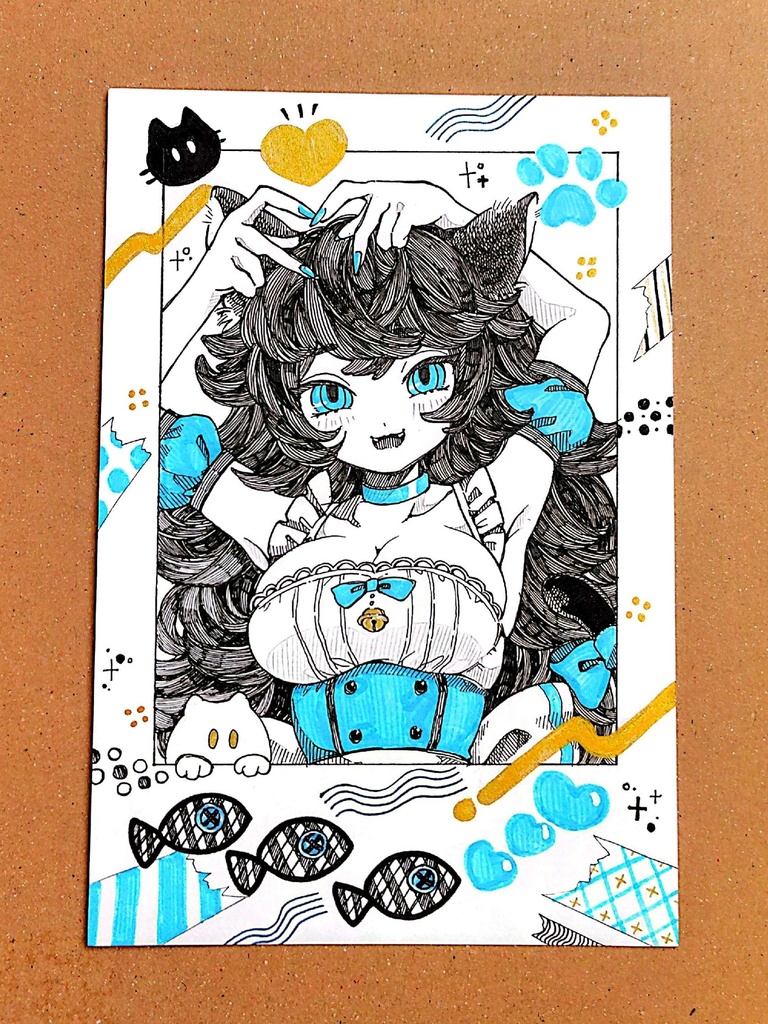 チェキ風手描きイラスト『メイドな猫耳ちゃん️🩵』