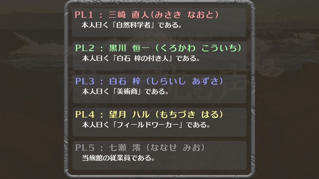 【マーダーミステリー】崖下に沈む声【GM+5人用】