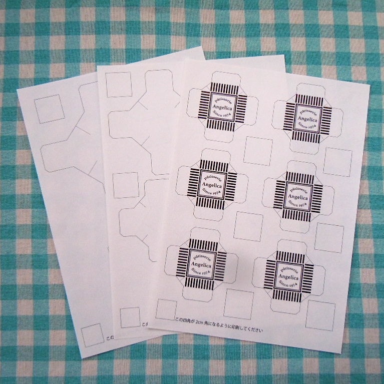 ミニチュアペーパーボックス(フタ付き二重側面箱)デザイン展開図 patisserie Angelicaモノクローム大/小