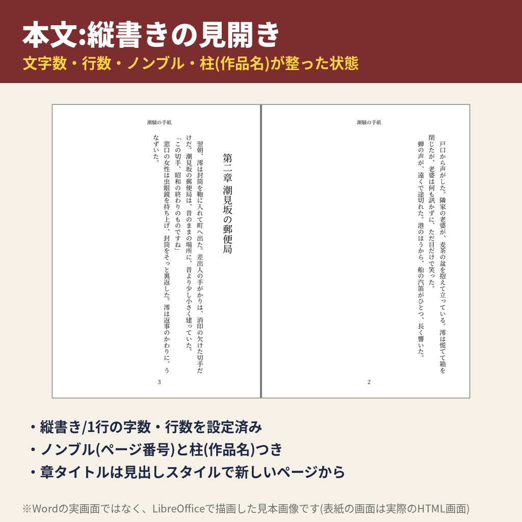 【Word用・A5/B6/文庫/新書】小説同人誌 一冊分まるごとセット|本文・表紙・奥付・目次テンプレート