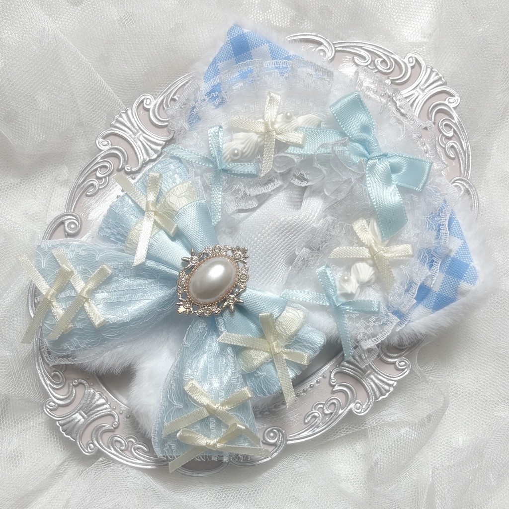 ♡ぬい服 10〜12cm用 ブルー×クリーム ねこ チェーンフック付き♡