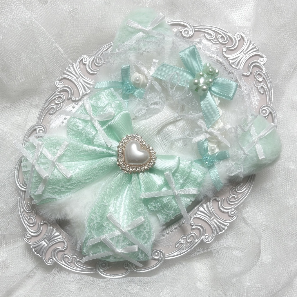 ♡ぬい服　10〜12cm用　ホワイト×ミント　ねこ　チェーンフック付き♡