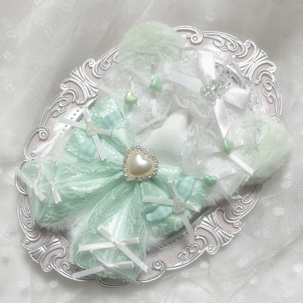 ♡ぬい服　10〜12cm用　ホワイト×ミントグリーン　ねこ　チェーンフック付き♡