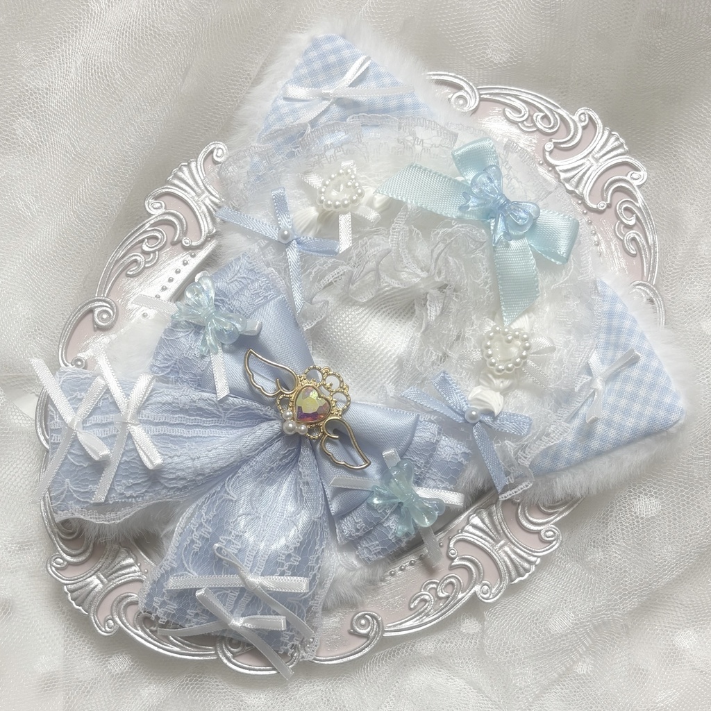 ♡ぬい服　10〜12cm用　ホワイト×ベビーブルー　ねこ　チェーンフック付き♡