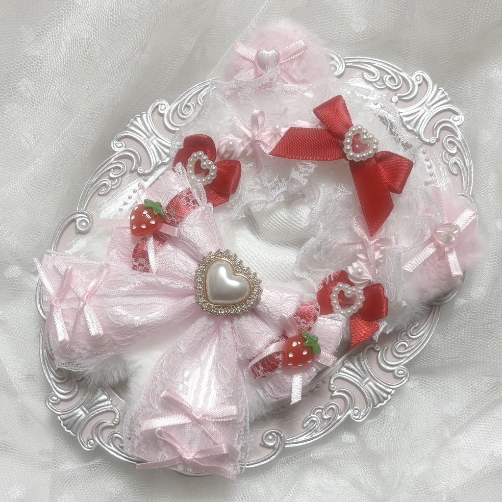 ♡ぬい服　10〜12cm用　ピンク×レッド　ねこ　チェーンフック付き♡