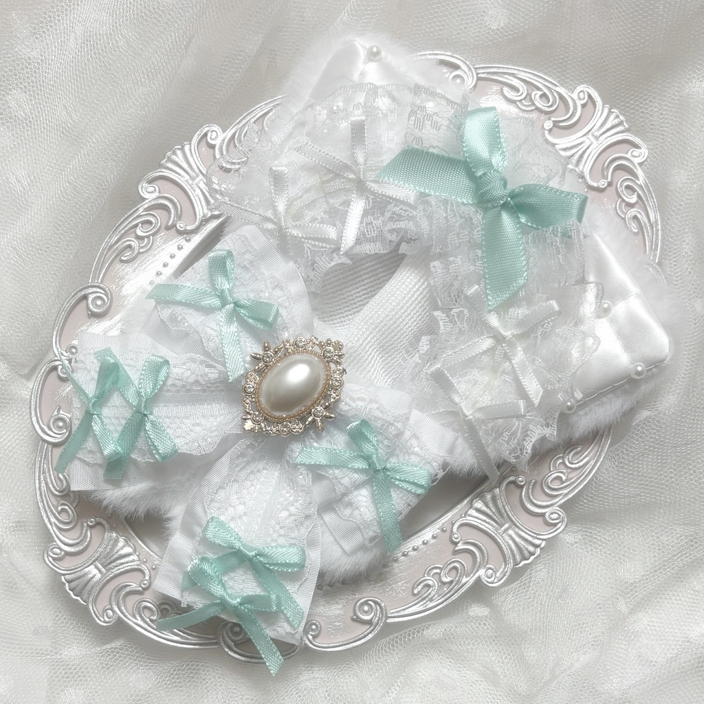 ♡ぬい服　10〜12cm用　ホワイト×ミントグリーン　ねこ　チェーンフック付き♡