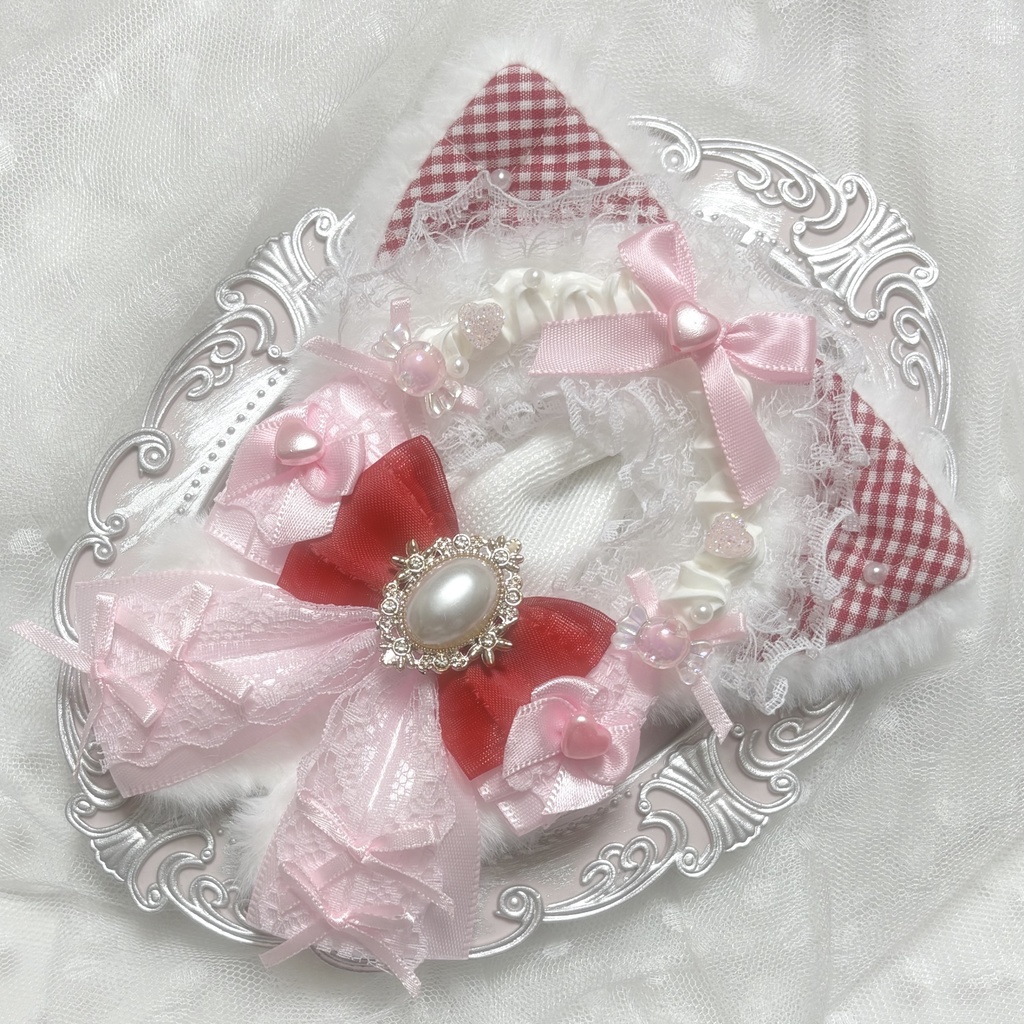 ♡ぬい服　10〜12cm用　ピンク×レッド　ねこちゃん　チェーンフック付き♡