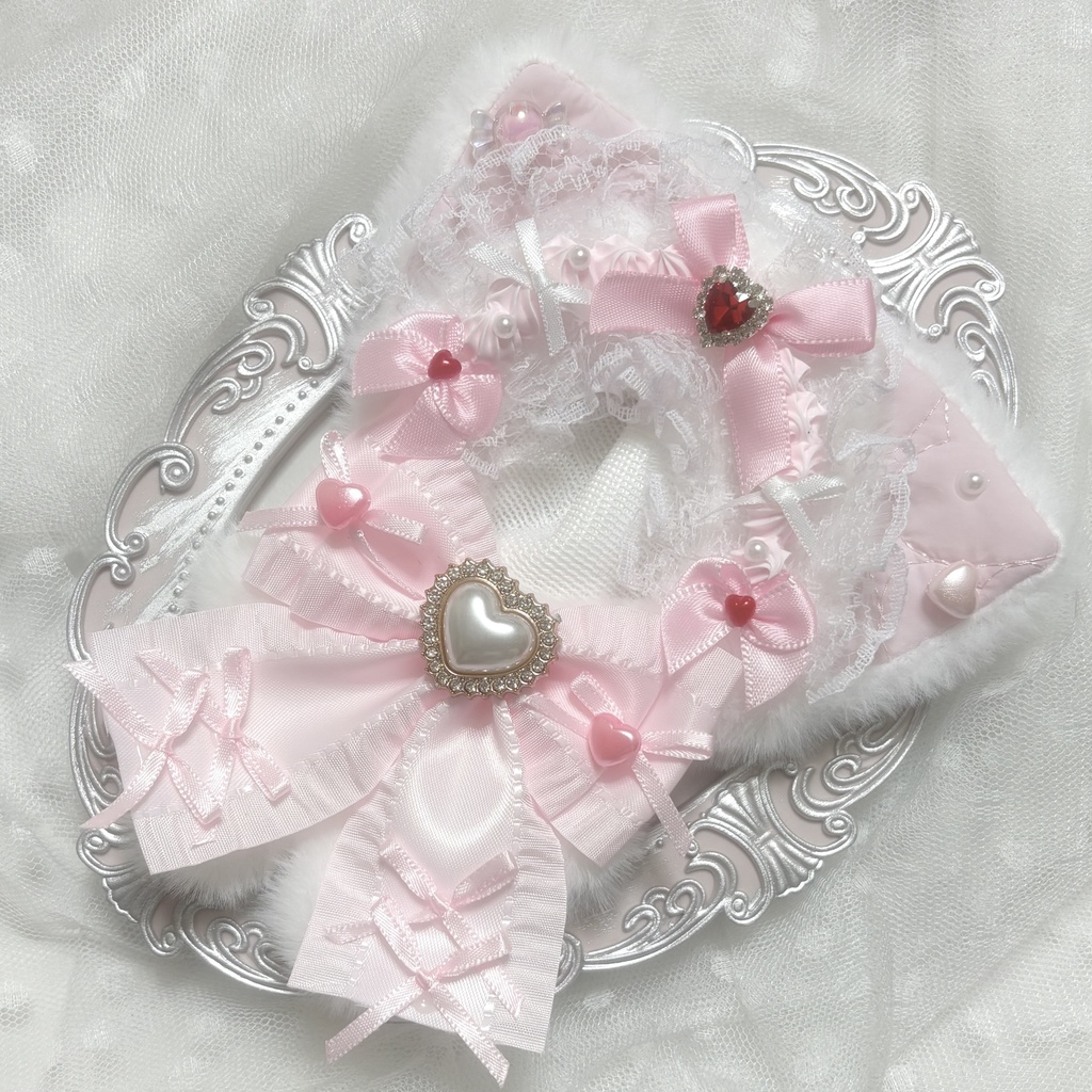 ♡ぬい服  10〜12cm用　ホワイト×ピンク　ねこ　チェーンフック付き♡