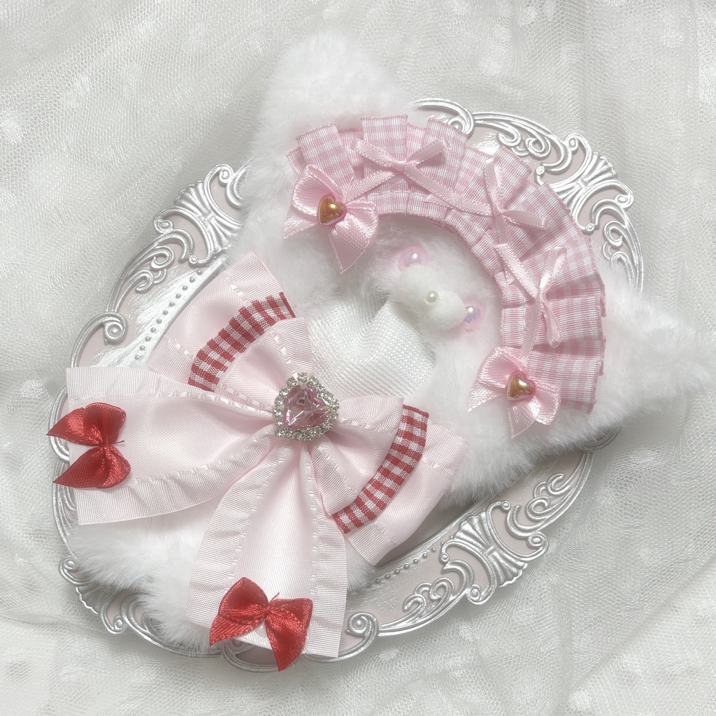 ♡ぬい服 10〜12cm用 ピンク×レッド ねこ チェーンフック付き♡