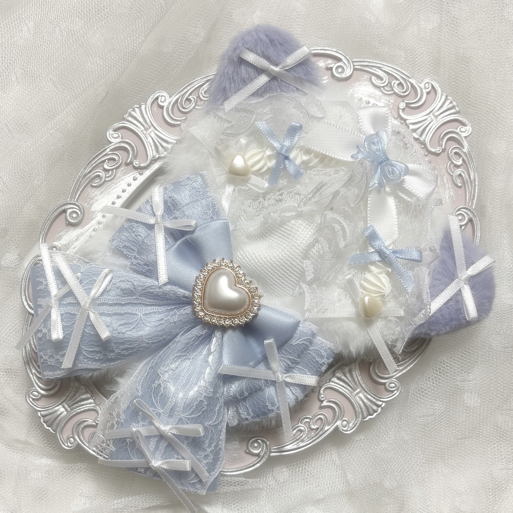 ♡ぬい服 10〜12cm用 ホワイト×ライトブルー ねこ チェーンフック付き♡