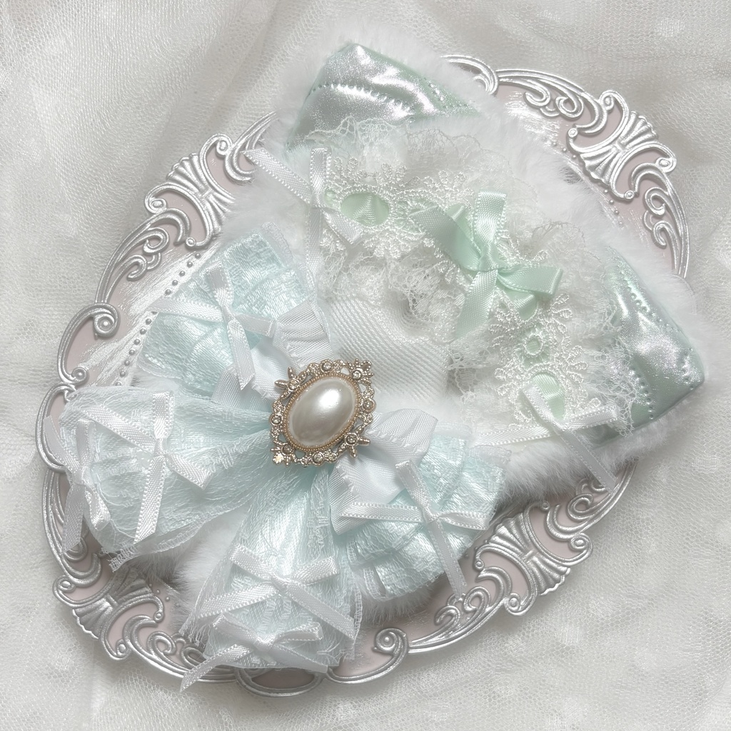 ♡ぬい服 10〜12cm用 ホワイト×ミントグリーン ねこ チェーンフック付き♡