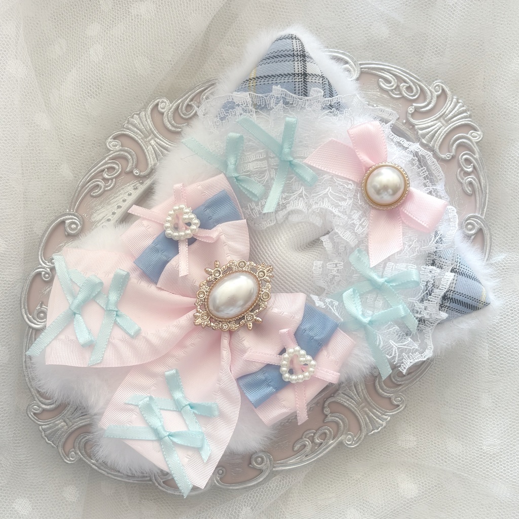 ♡ぬい服 10〜12cm用 ピンク×ベビーブルー ねこ チェーンフック付き♡