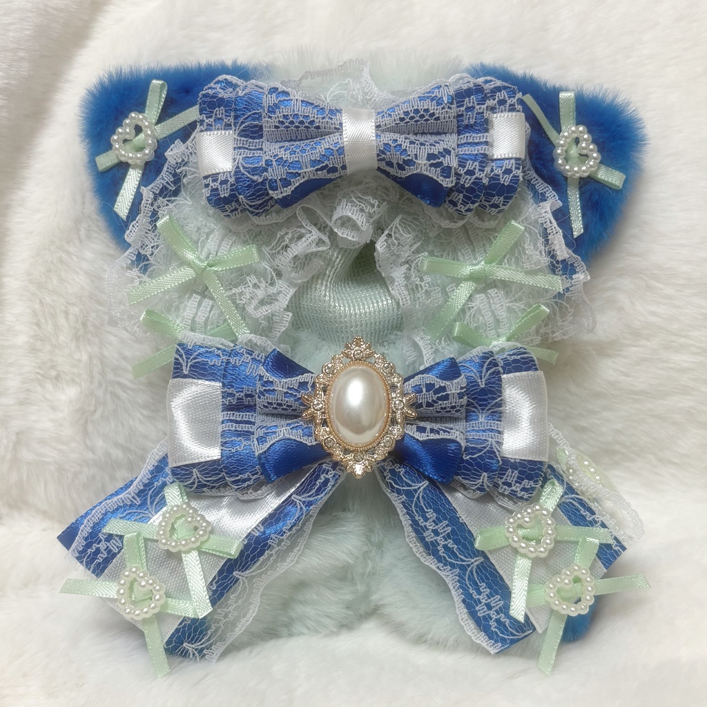 ♡おすわりぬい服　10〜12cm用　グリーン×ブルー　ねこちゃん　チェーンフック付き♡