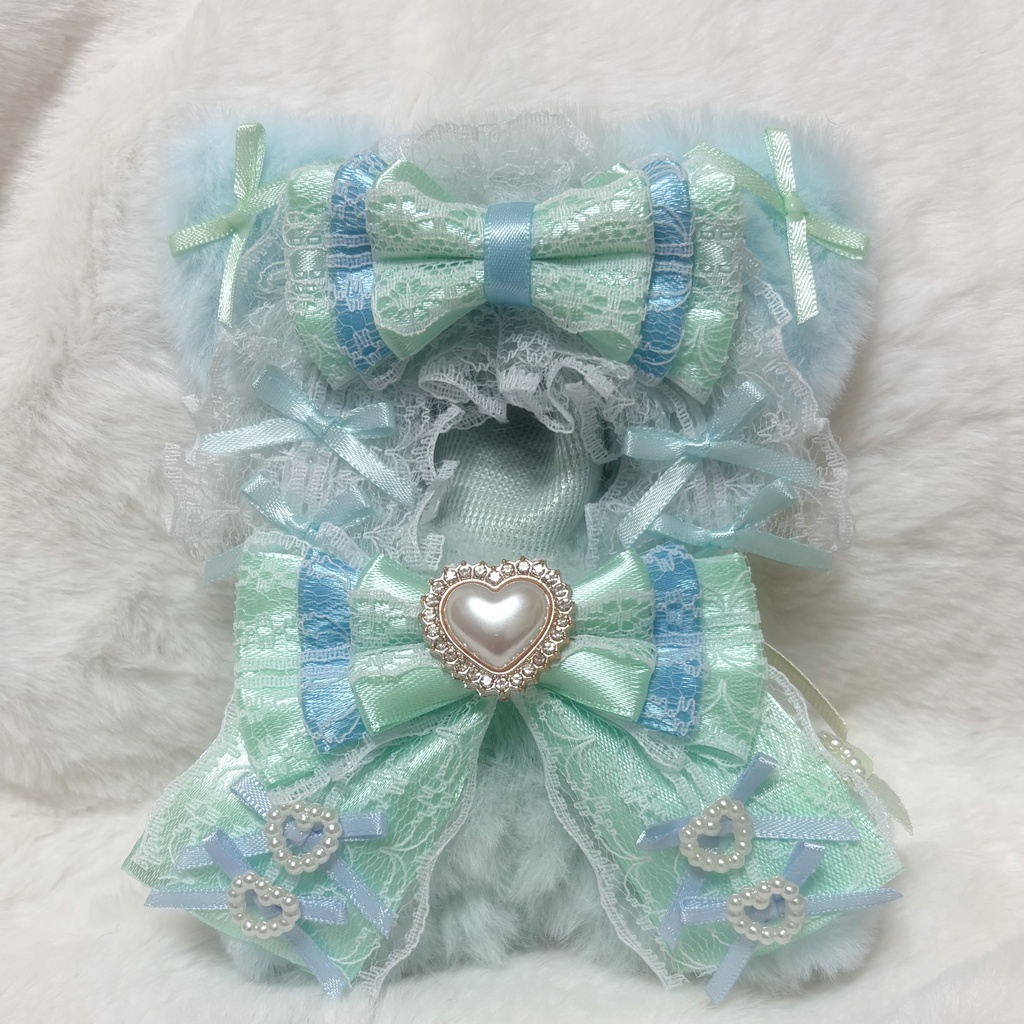 ♡おすわりぬい服　10〜12cm用　ミントグリーン×ブルー　ねこちゃん　チェーンフック♡