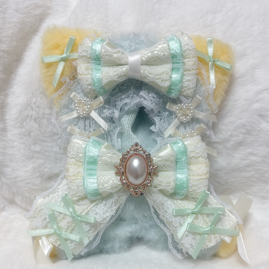 ♡おすわりぬい服　10〜12cm用　イエロー×ミントグリーン　ねこちゃん　チェーンフック付き♡