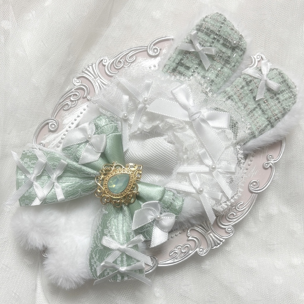 ♡ぬい服 10〜12cm用 ホワイト グリーン うさぎ チェーンフック付き♡