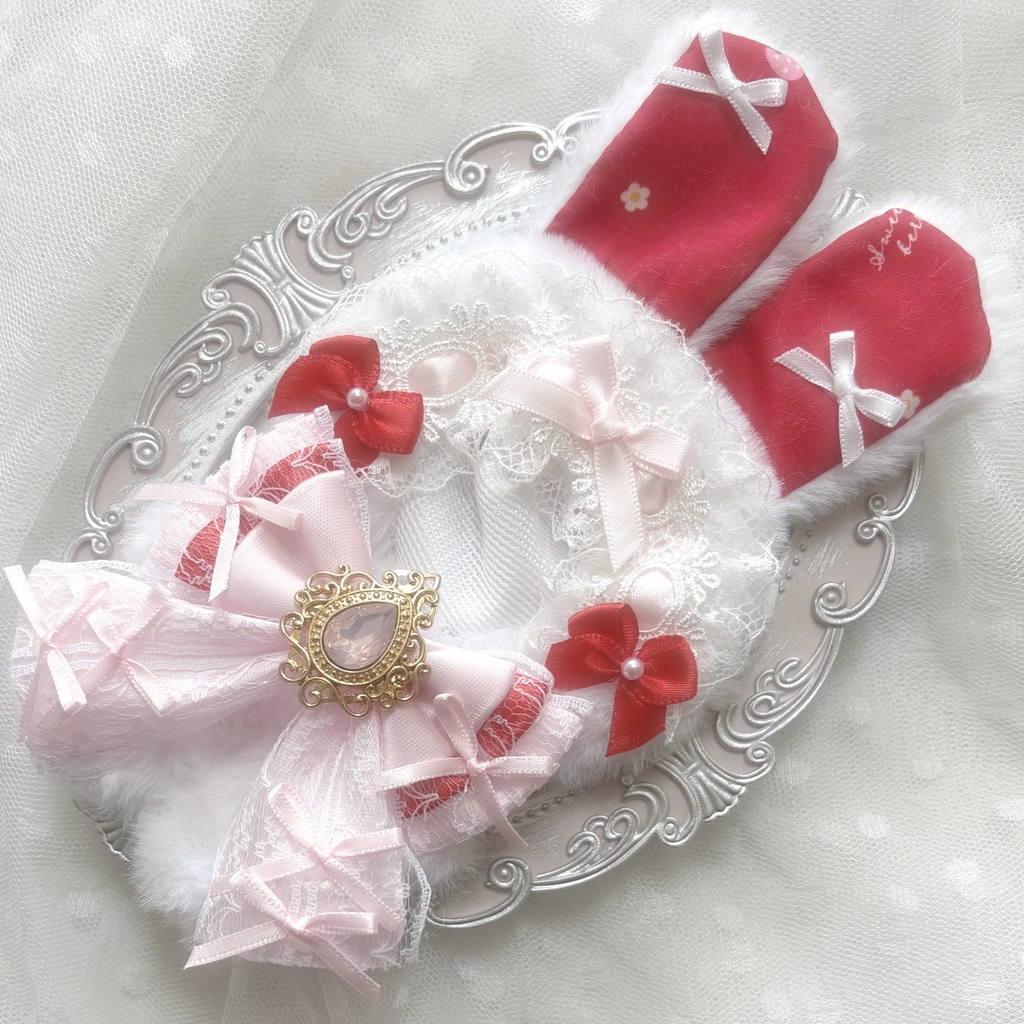 ♡ぬい服 着ぐるみ 10〜12cm用 ピンク レッド うさぎ チェーンフック付き♡