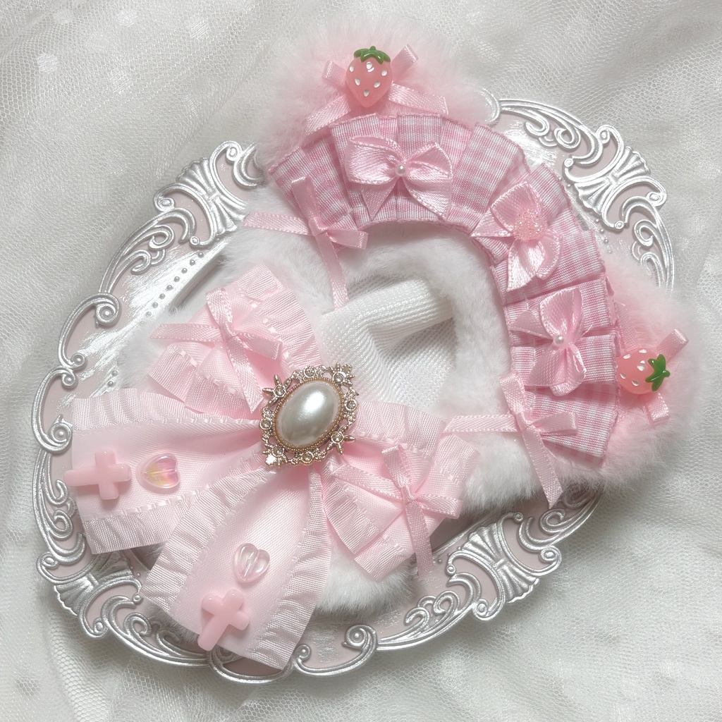 ♡ぬい服 10〜12cm用 ホワイト ピンク ねこ チェーンフック付き♡