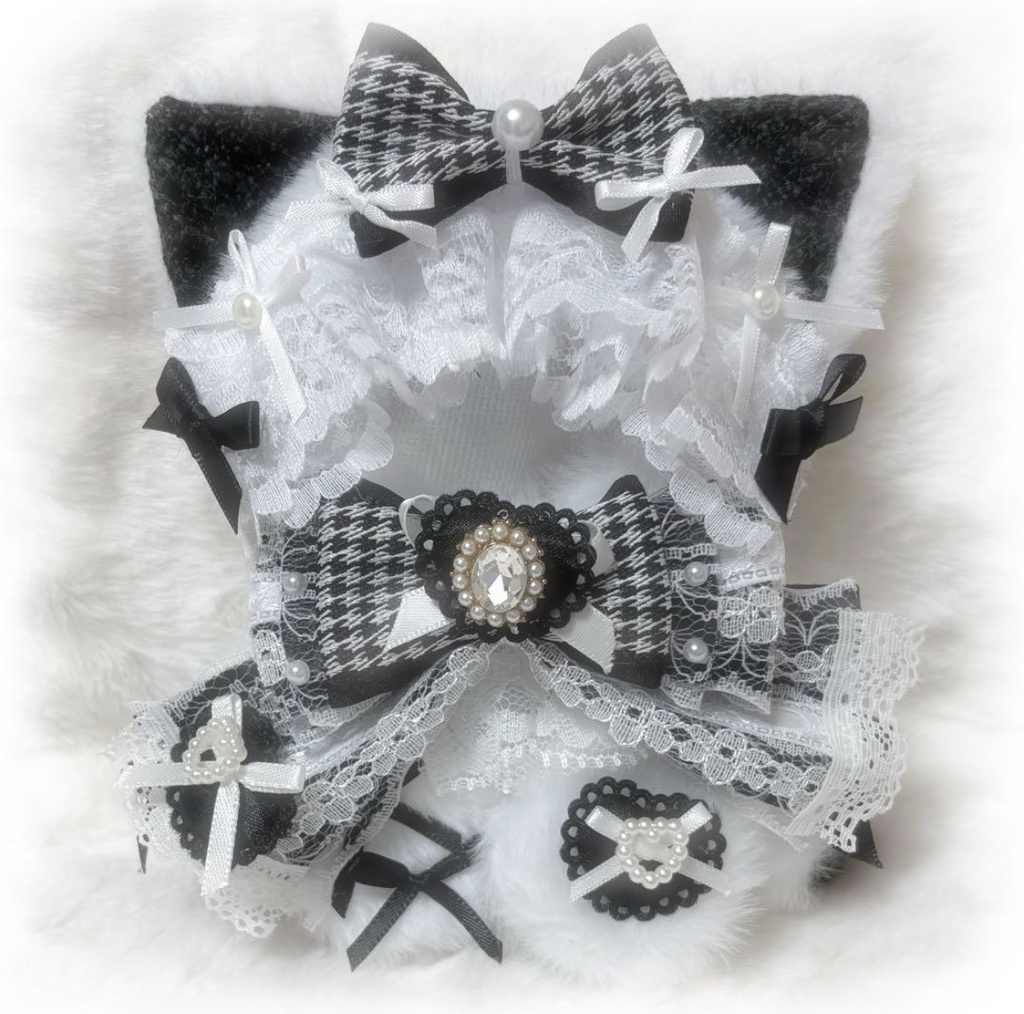 ♡おすわりぬい服 10〜12cm用 ホワイト ブラック ねこ チェーンフック付き♡