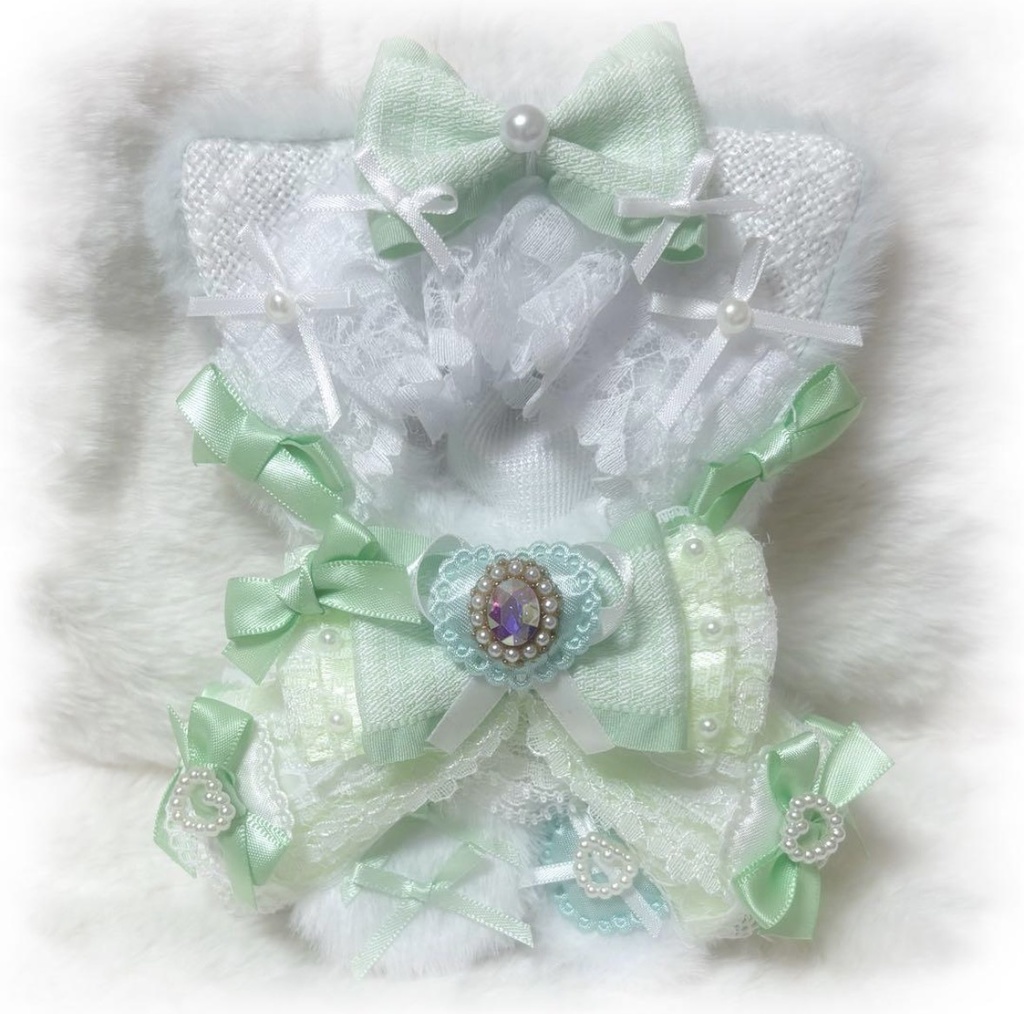 ♡おすわりぬい服 10〜12cm用 ホワイト ミントグリーン ねこ チェーンフック付き♡