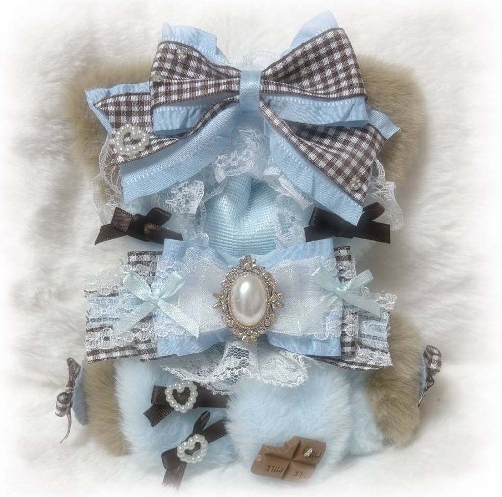 ♡おすわりぬい服 10〜12cm用 チョコ ベビーブルー ねこ チェーンフック付き♡