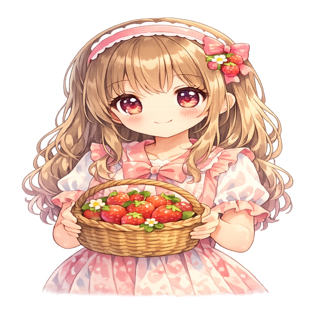 Anime Girl Holding Strawberry Basket – Kawaii Style Transparent Background