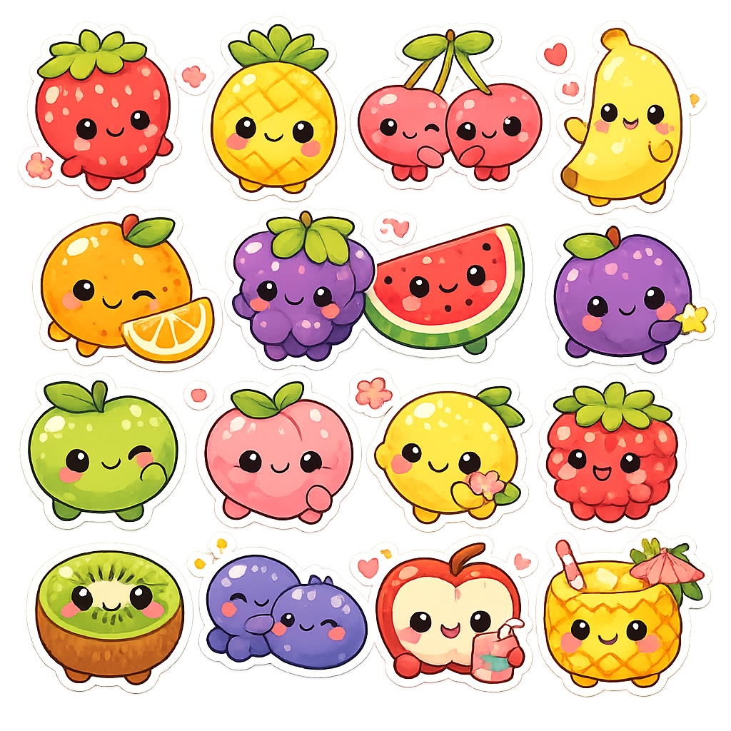 Cute Kawaii Fruit Stickers Pack PNG