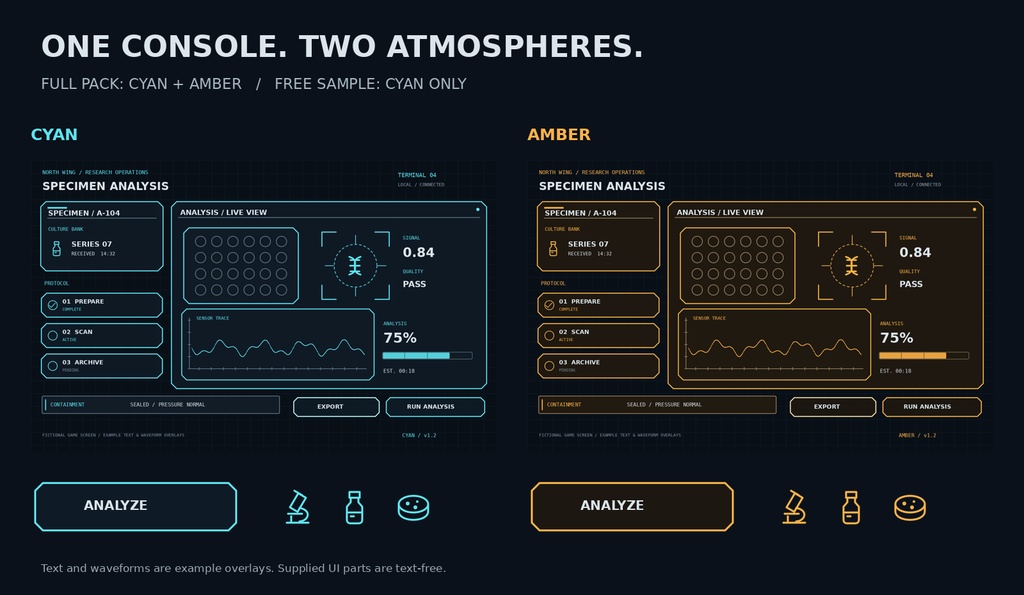 研究施設・分析端末 ゲームUI素材|LAB CONSOLE UI KIT【FULL版 444ファイル / 74部品・状態差分 / SVG・PNG / 2カラー】