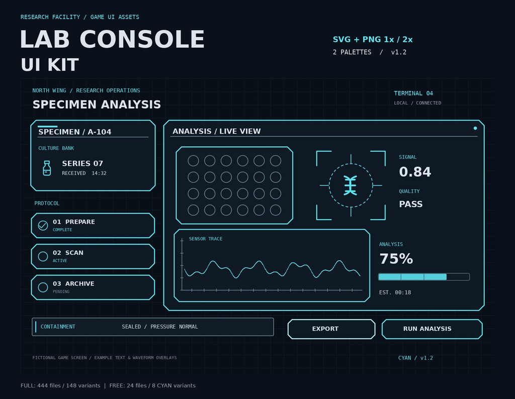 研究施設・分析端末 ゲームUI素材｜LAB CONSOLE UI KIT【FULL版 444ファイル / 74部品・状態差分 / SVG・PNG / 2カラー】