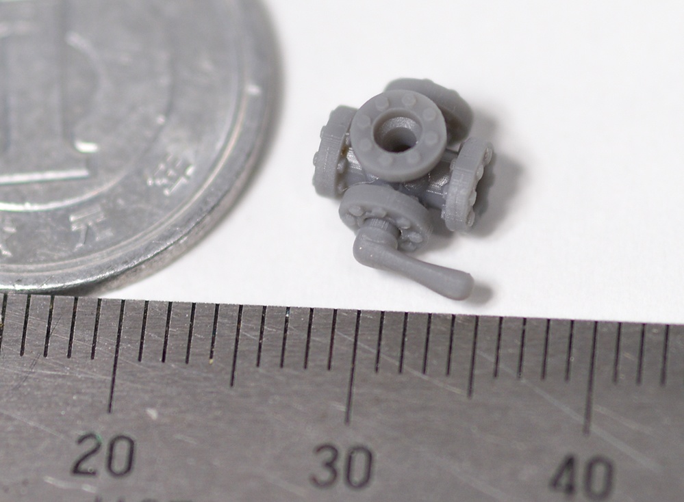 配管継手4方弁(バルブ横向き)　直径2mm用　3Dプリンタ出力パーツ