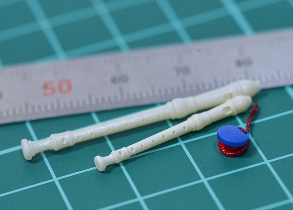 リコーダー、カスタネットミニチュアセット(ソプラノ、アルト)3Dプリンタ出力未塗装キット (1/12,1/10,1/8,1/7,1/6,1/4,1/3)