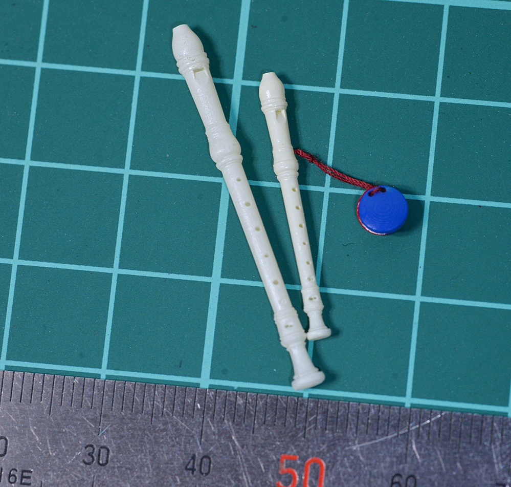 リコーダー、カスタネットミニチュアセット(ソプラノ、アルト)3Dプリンタ出力未塗装キット (1/12,1/10,1/8,1/7,1/6,1/4,1/3)