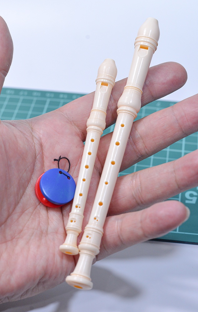 リコーダー、カスタネットミニチュアセット(ソプラノ、アルト)3Dプリンタ出力未塗装キット (1/12,1/10,1/8,1/7,1/6,1/4,1/3)