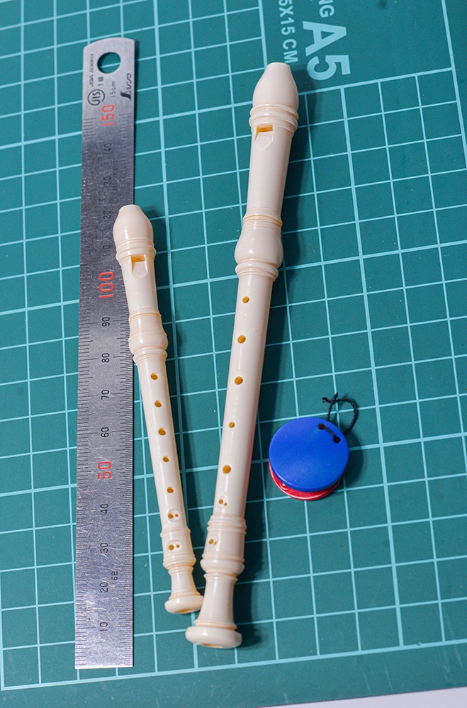 リコーダー、カスタネットミニチュアセット(ソプラノ、アルト)3Dプリンタ出力未塗装キット (1/12,1/10,1/8,1/7,1/6,1/4,1/3)